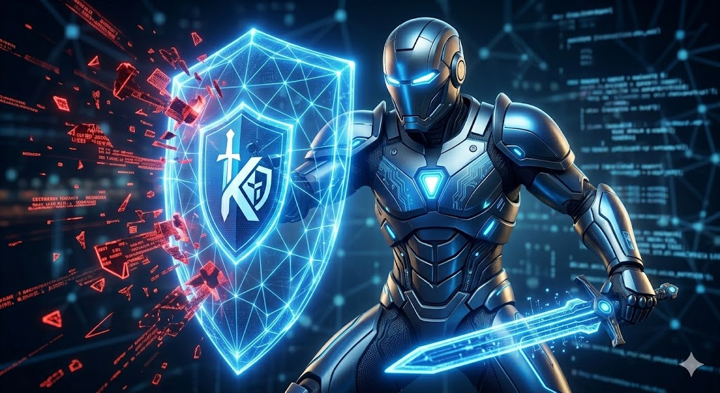 AI Knights Automation — Iron knight representing automated AI defense and efficiency